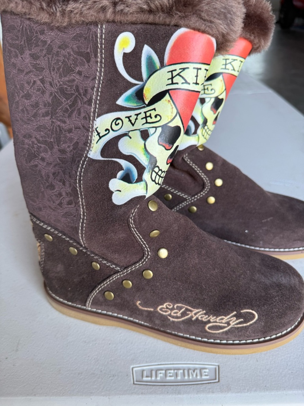 Ed Hardy Brown Suede Heeled Boots with Red & Yellow Tattoo Graphic